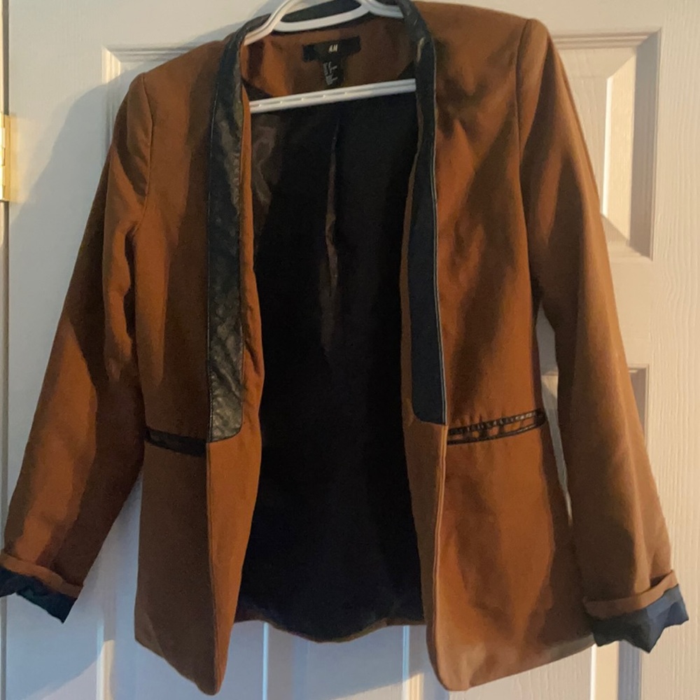 Faux Leather Detail Brown Fitted Blazer